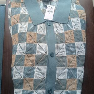 Express Geometric Cardigan - Teal and Tan